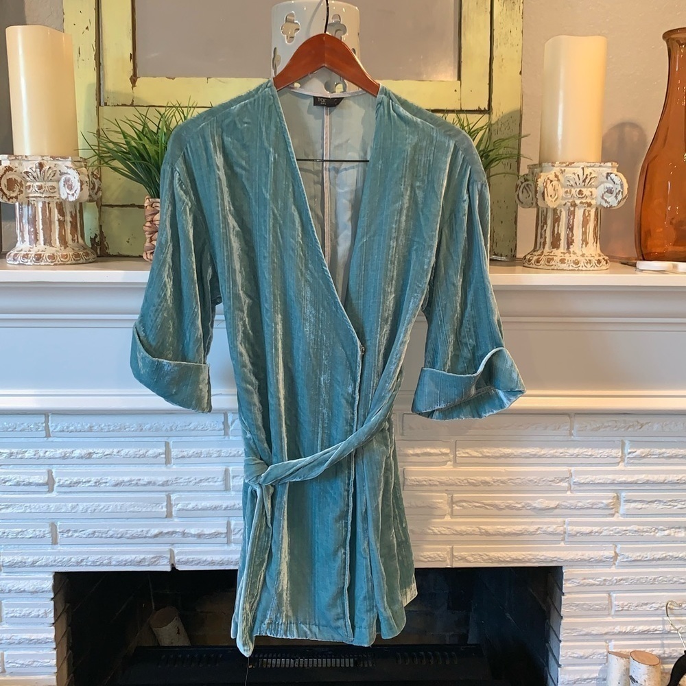 Topshop Teal Blue Velvet Wrap Style Tie Waist Bell Sleeve Tunic Blouse Size 4